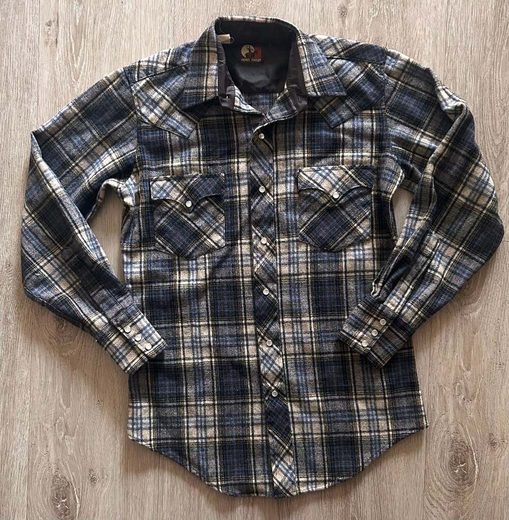 Vintage Open Range Blue and Tan Plaid Western Pearl Snap Flannel Shirt